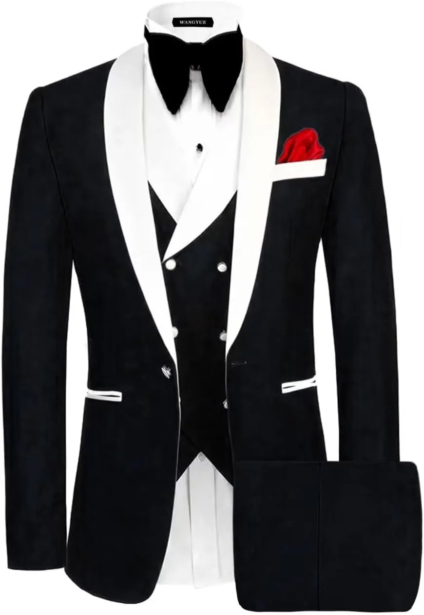 Wangyue Mens Tuxedo Suit for Men 3 Piece Suit Men Slim Fit Suits One Button Shawl Lapel Wedding Suit Tuxedos Prom Suit