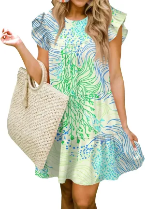 Women Babydoll Summer Casual Crew Neck Ruffle Sleeve Sleeveless Flowy Mini Short Tunic Dress Floral Print Pleated Dress5-Green,X-Large