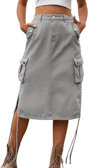 Women Elegant Skirt Long Skirt with Slit for Womens Autumn Retro Solid Midi Skirts with Pocket Pencil Skirt for