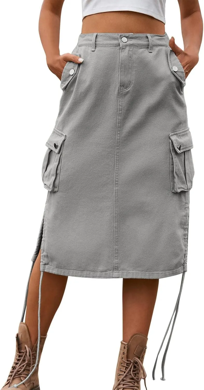 Women Elegant Skirt Long Skirt with Slit for Womens Autumn Retro Solid Midi Skirts with Pocket Pencil Skirt for
