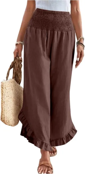 Women Linen Pants Summer Wide Leg Pants Smocked Waist Ruffle Hem Palazzo Pant Boho Flowy Beach Pant with Pocket