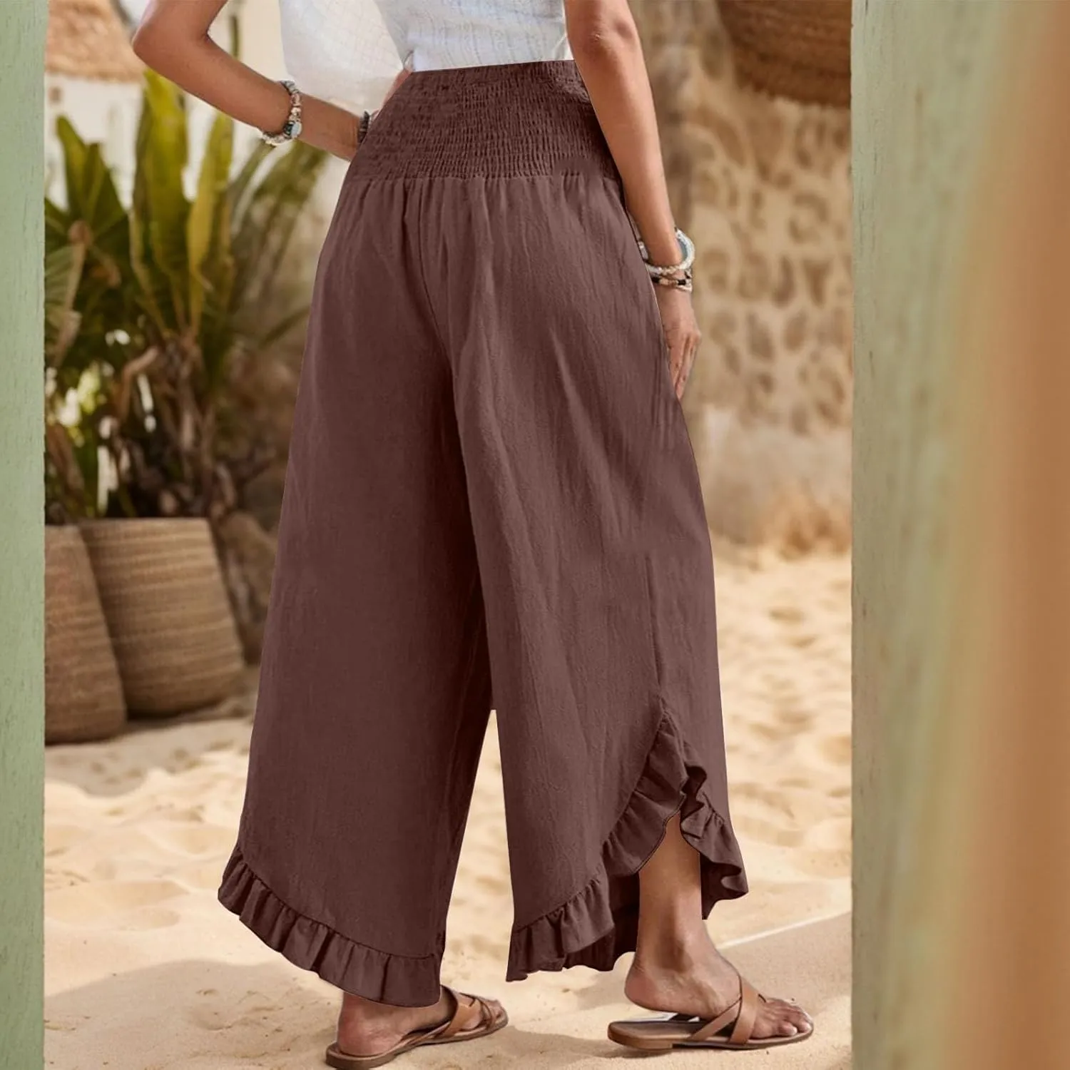 Women Linen Pants Summer Wide Leg Pants Smocked Waist Ruffle Hem Palazzo Pant Boho Flowy Beach Pant with Pocket