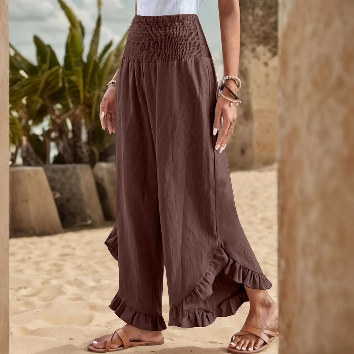 Women Linen Pants Summer Wide Leg Pants Smocked Waist Ruffle Hem Palazzo Pant Boho Flowy Beach Pant with Pocket