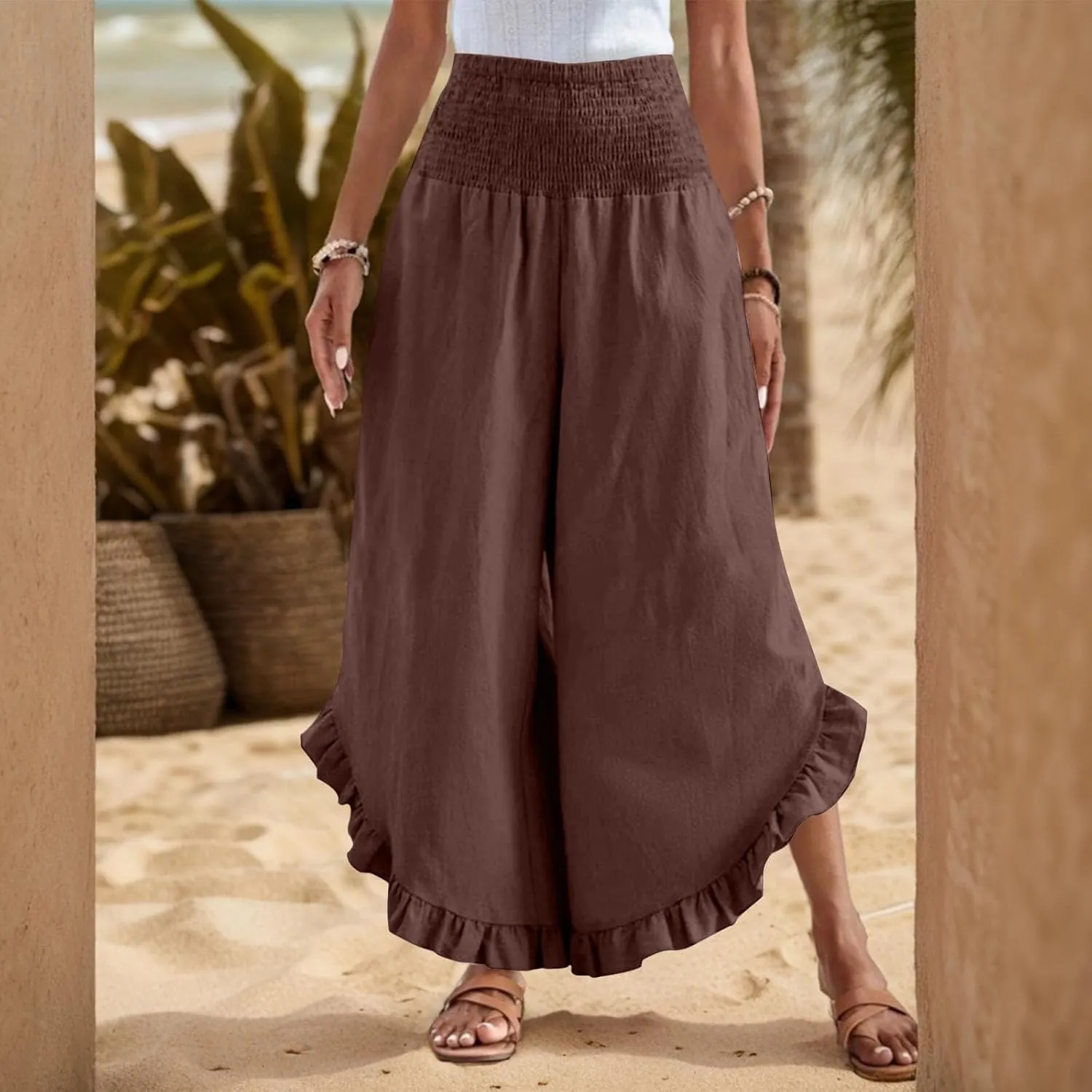 Women Linen Pants Summer Wide Leg Pants Smocked Waist Ruffle Hem Palazzo Pant Boho Flowy Beach Pant with Pocket