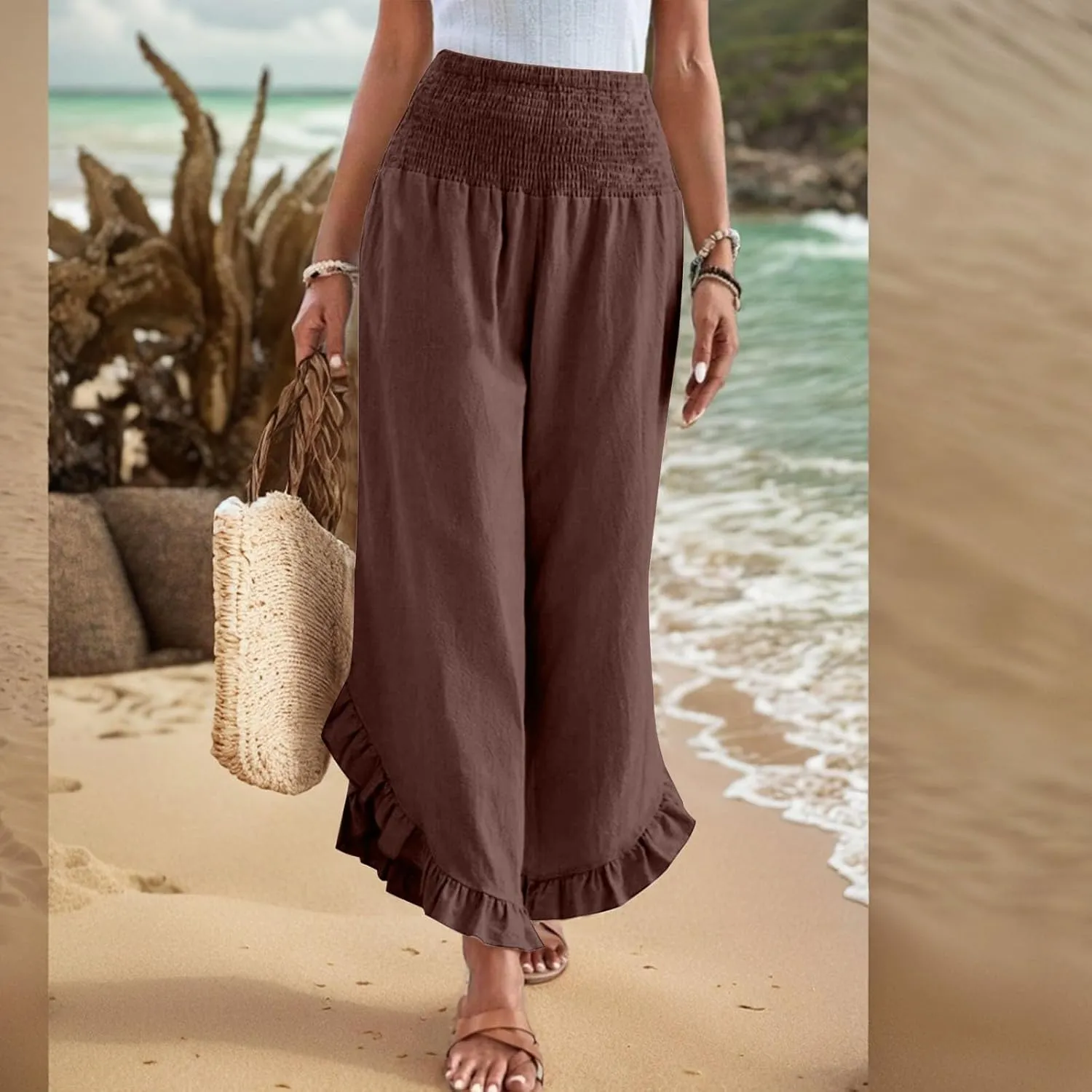 Women Linen Pants Summer Wide Leg Pants Smocked Waist Ruffle Hem Palazzo Pant Boho Flowy Beach Pant with Pocket