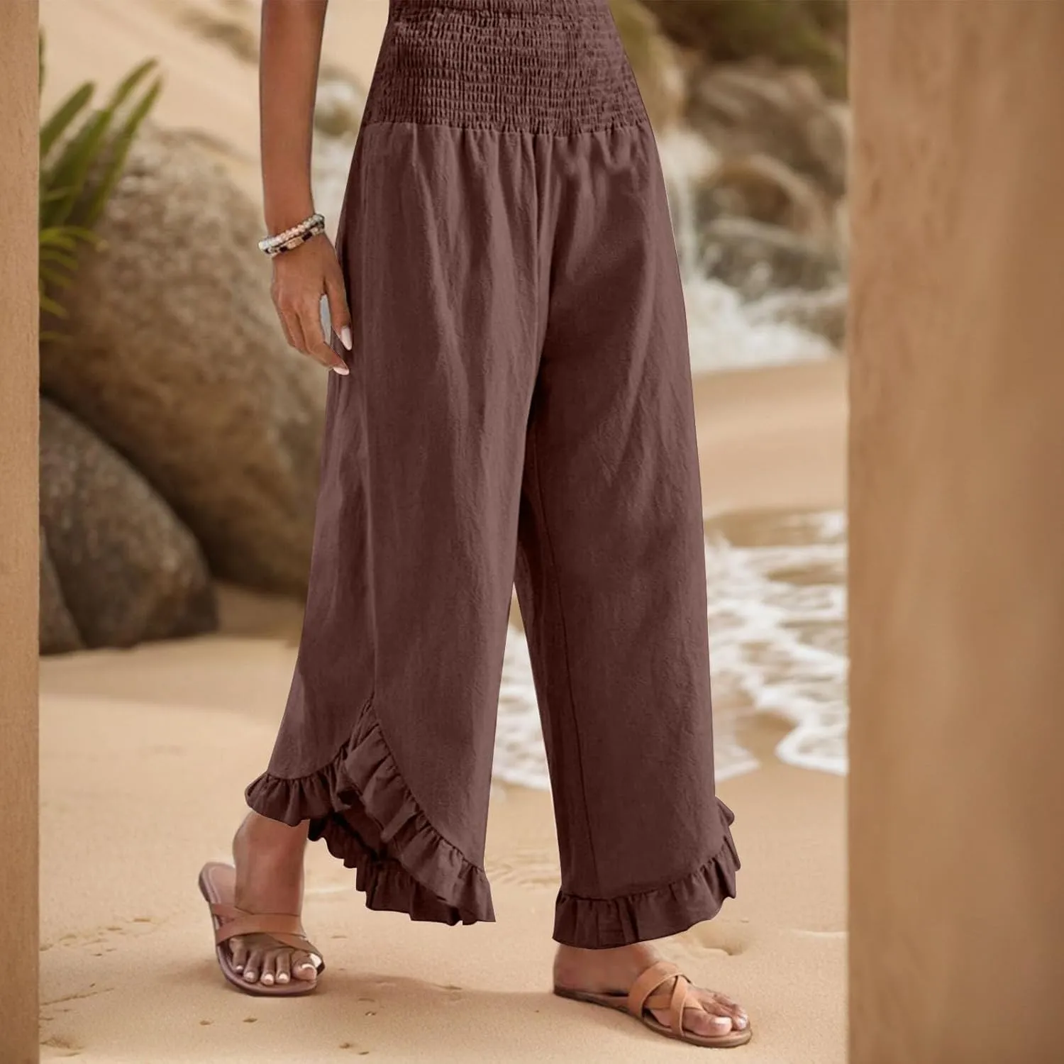 Women Linen Pants Summer Wide Leg Pants Smocked Waist Ruffle Hem Palazzo Pant Boho Flowy Beach Pant with Pocket