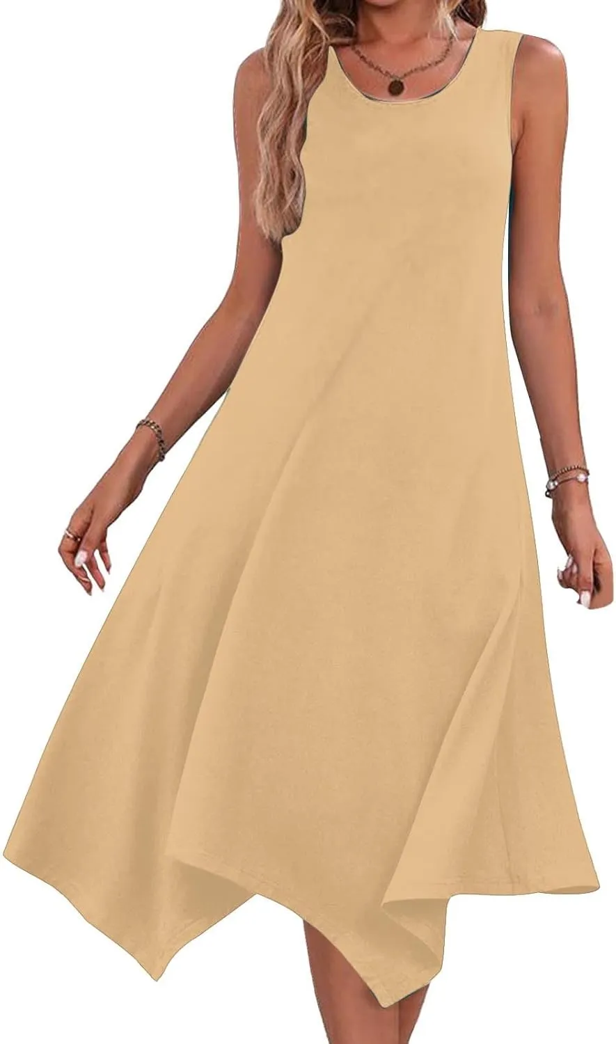Womens 2025 Summer Casual Dresses Round Neck Sleeveless A Line Flowy Dress Irregular Hem Beach Vacation Midi Dress