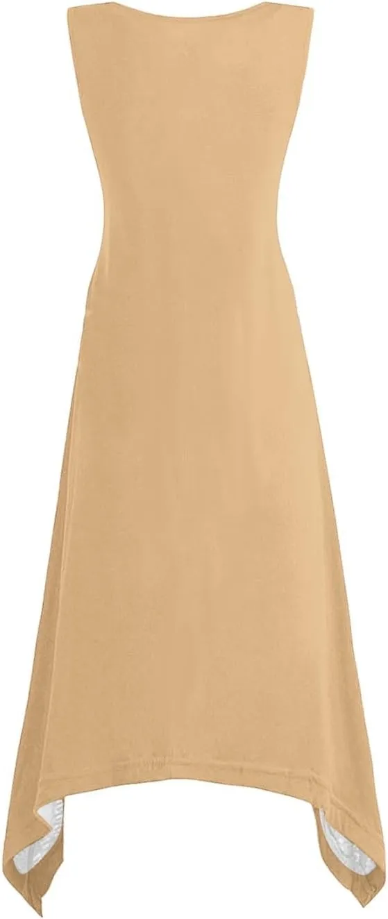 Womens 2025 Summer Casual Dresses Round Neck Sleeveless A Line Flowy Dress Irregular Hem Beach Vacation Midi Dress