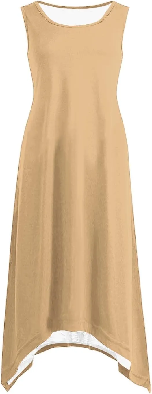 Womens 2025 Summer Casual Dresses Round Neck Sleeveless A Line Flowy Dress Irregular Hem Beach Vacation Midi Dress