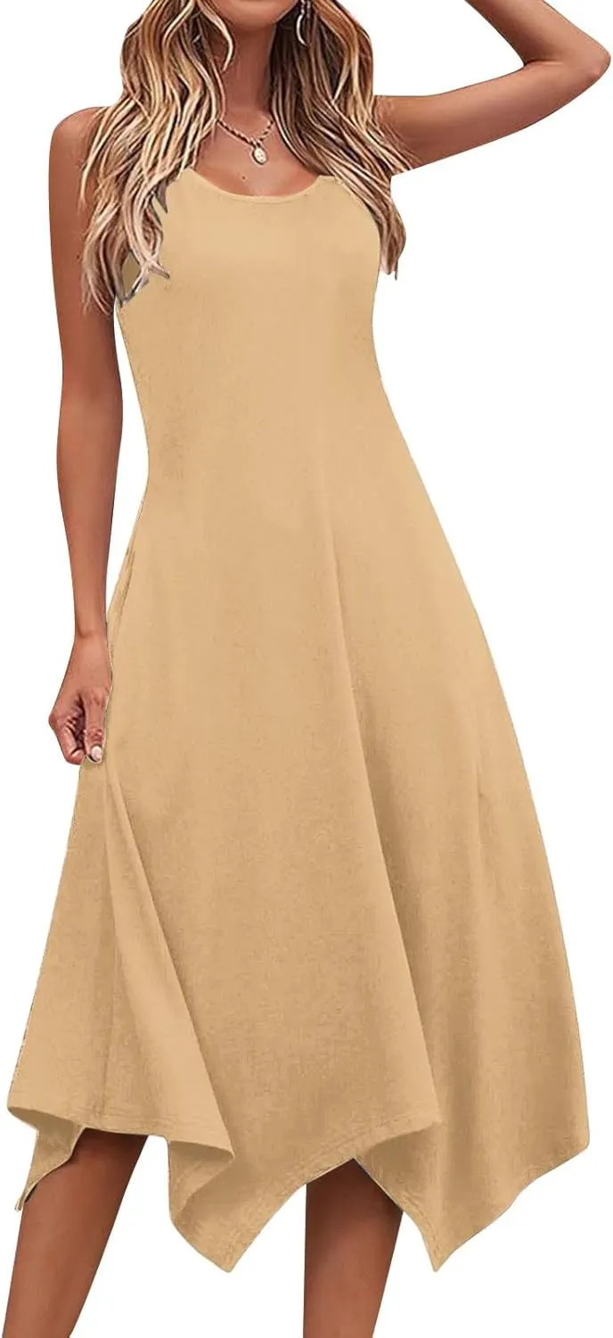 Womens 2025 Summer Casual Dresses Round Neck Sleeveless A Line Flowy Dress Irregular Hem Beach Vacation Midi Dress