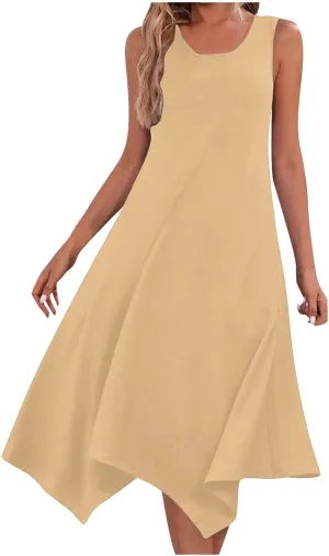Womens 2025 Summer Casual Dresses Round Neck Sleeveless A Line Flowy Dress Irregular Hem Beach Vacation Midi Dress