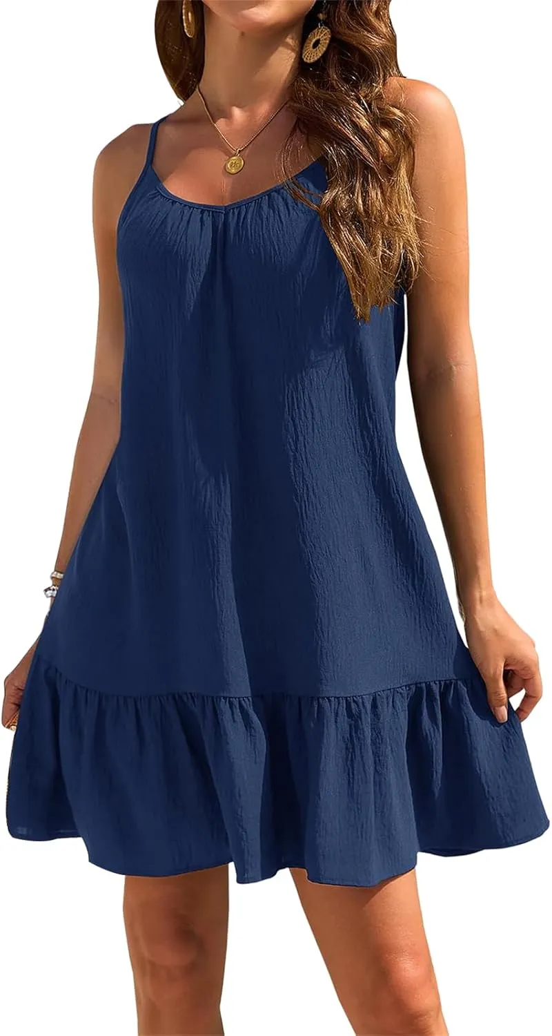 Womens Beach Cover Up Dresses Spaghetti Strap Backless Ruffle Hem Bathing Suit Summer Vacation Sundress