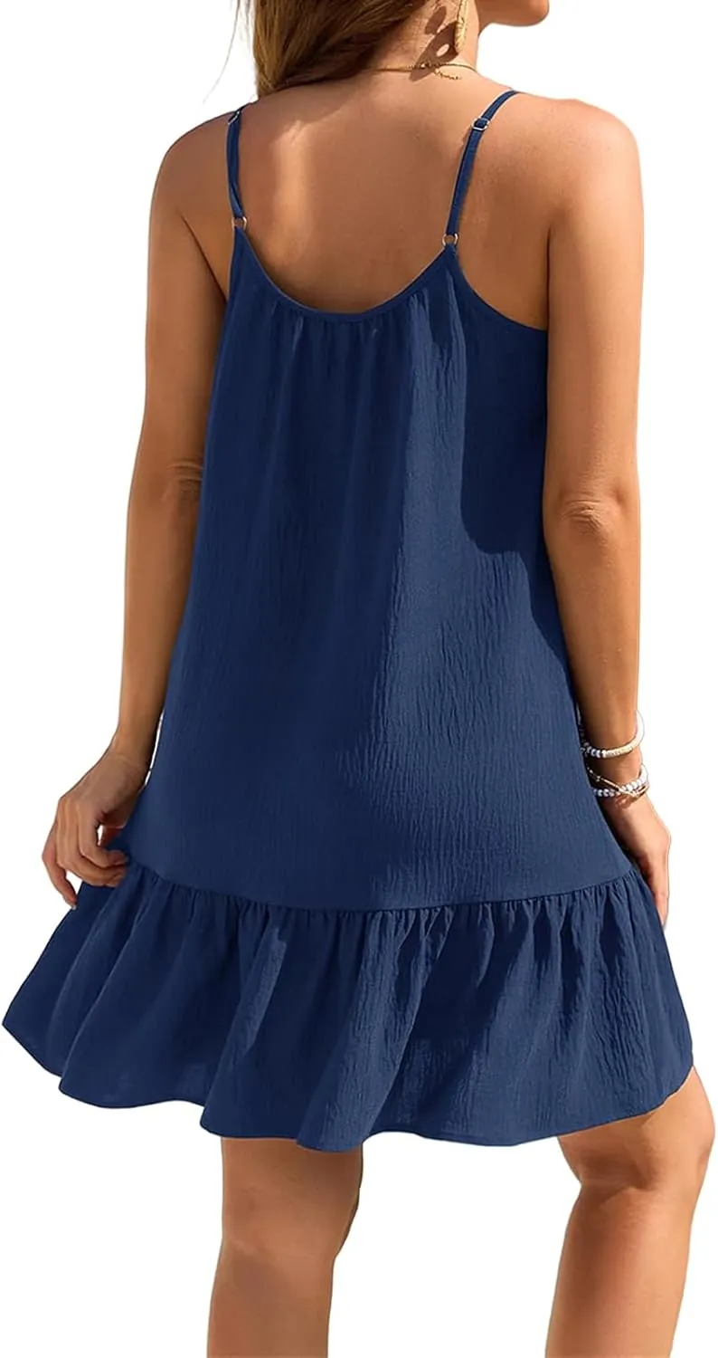 Womens Beach Cover Up Dresses Spaghetti Strap Backless Ruffle Hem Bathing Suit Summer Vacation Sundress
