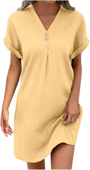 Womens Button Down Shirt Dress Summer Cotton Linen Dress V-Neck Mini Dress Casual Short Sleeve Loose Tunic Dresses