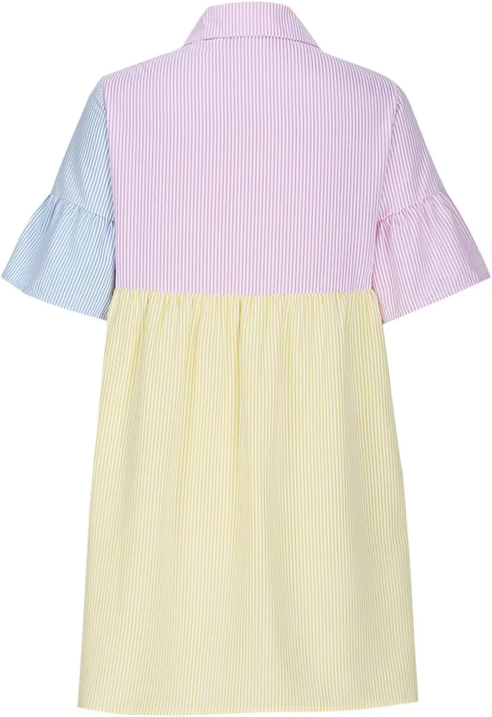Women's Casual Striped Shirt Dress Collar V Neck Button Down Loose Ruffle Sleeve Summer Mini Dresses Patchwork Dress