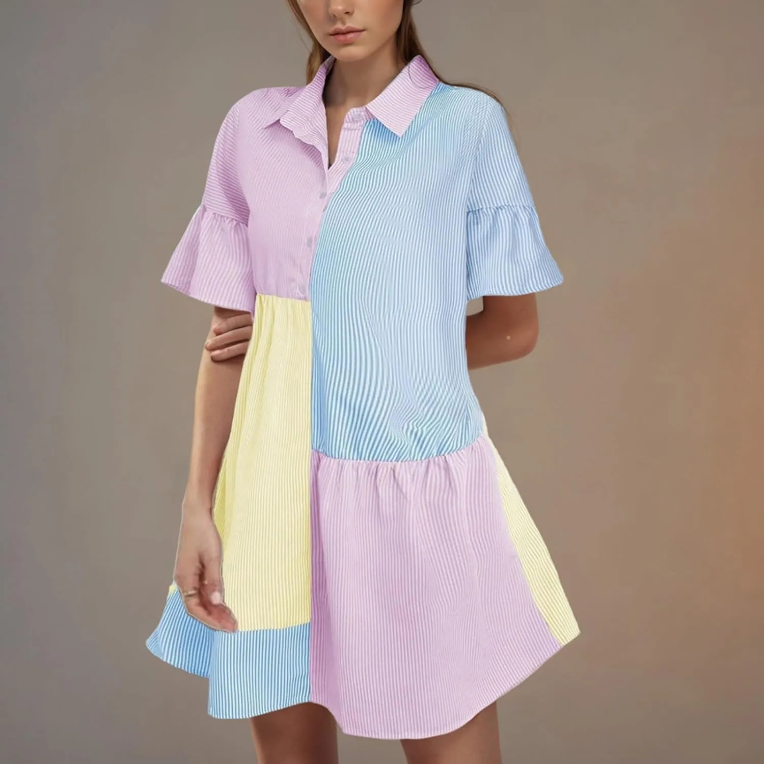 Women's Casual Striped Shirt Dress Collar V Neck Button Down Loose Ruffle Sleeve Summer Mini Dresses Patchwork Dress