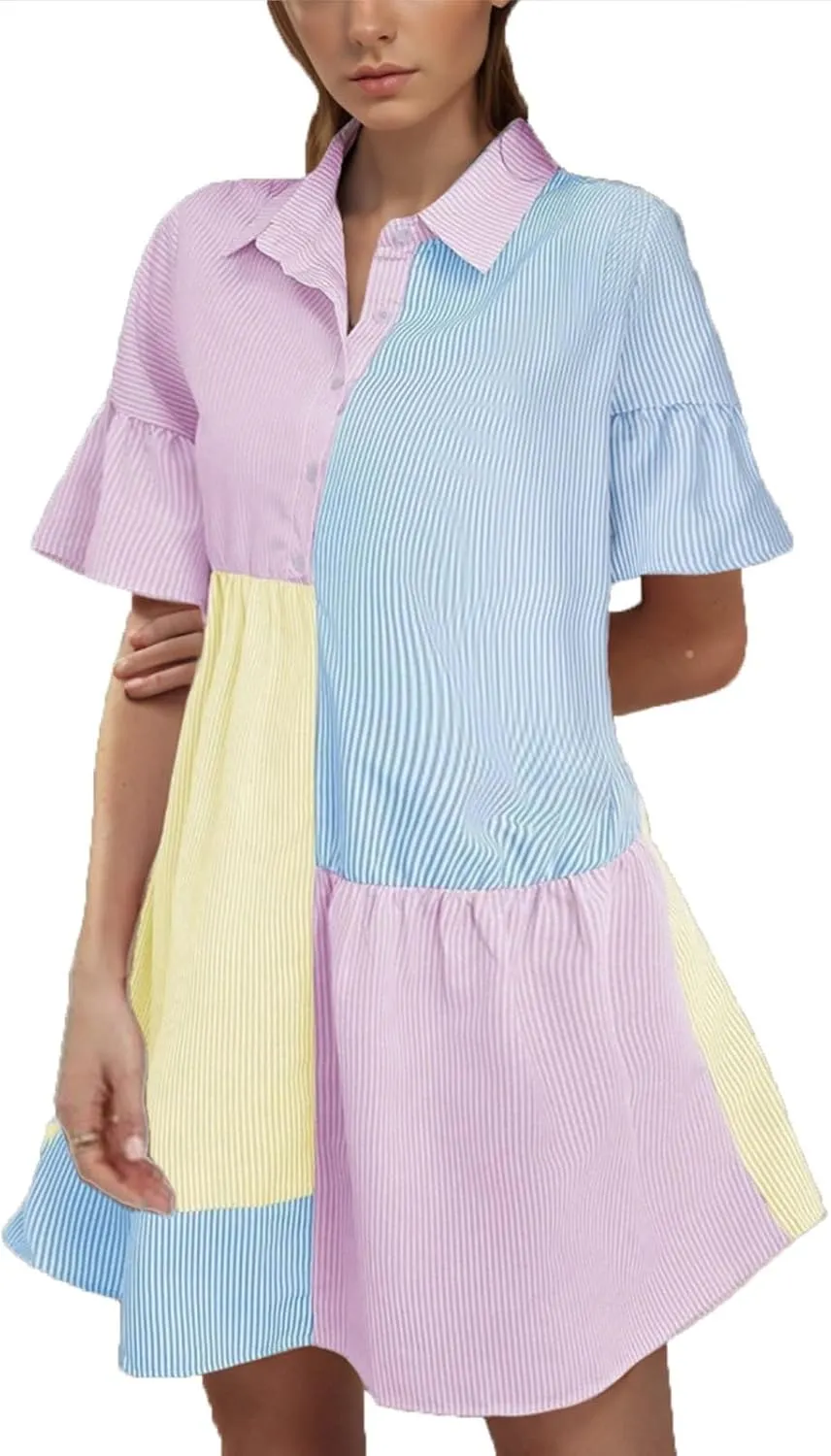 Women's Casual Striped Shirt Dress Collar V Neck Button Down Loose Ruffle Sleeve Summer Mini Dresses Patchwork Dress