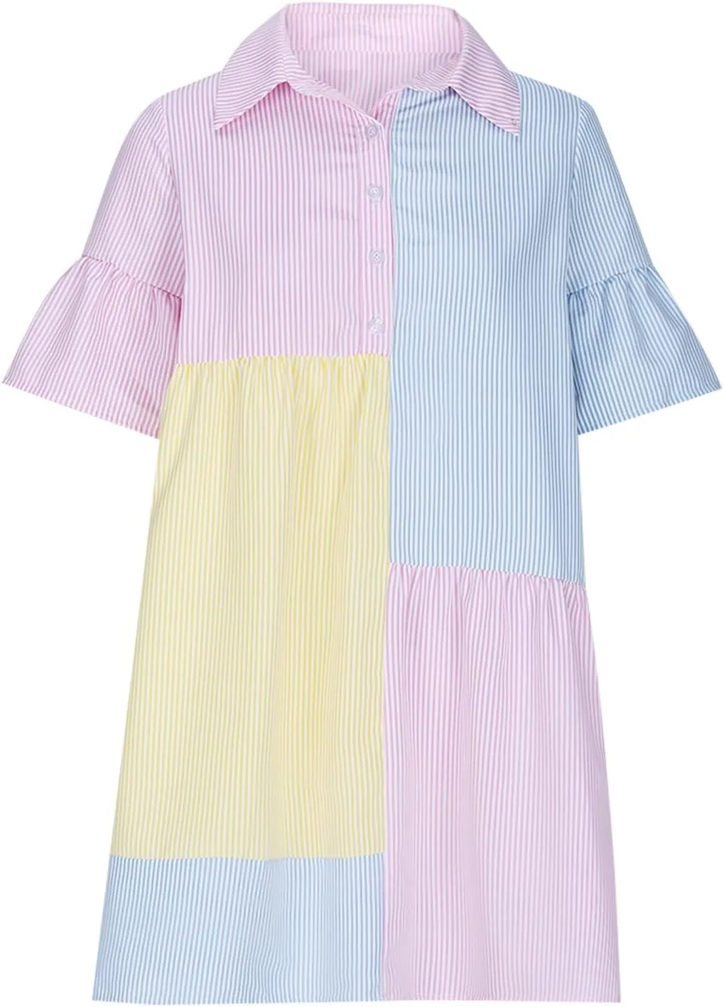 Women's Casual Striped Shirt Dress Collar V Neck Button Down Loose Ruffle Sleeve Summer Mini Dresses Patchwork Dress