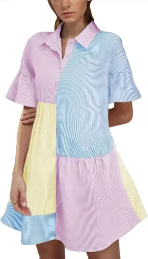 Women's Casual Striped Shirt Dress Collar V Neck Button Down Loose Ruffle Sleeve Summer Mini Dresses Patchwork Dress