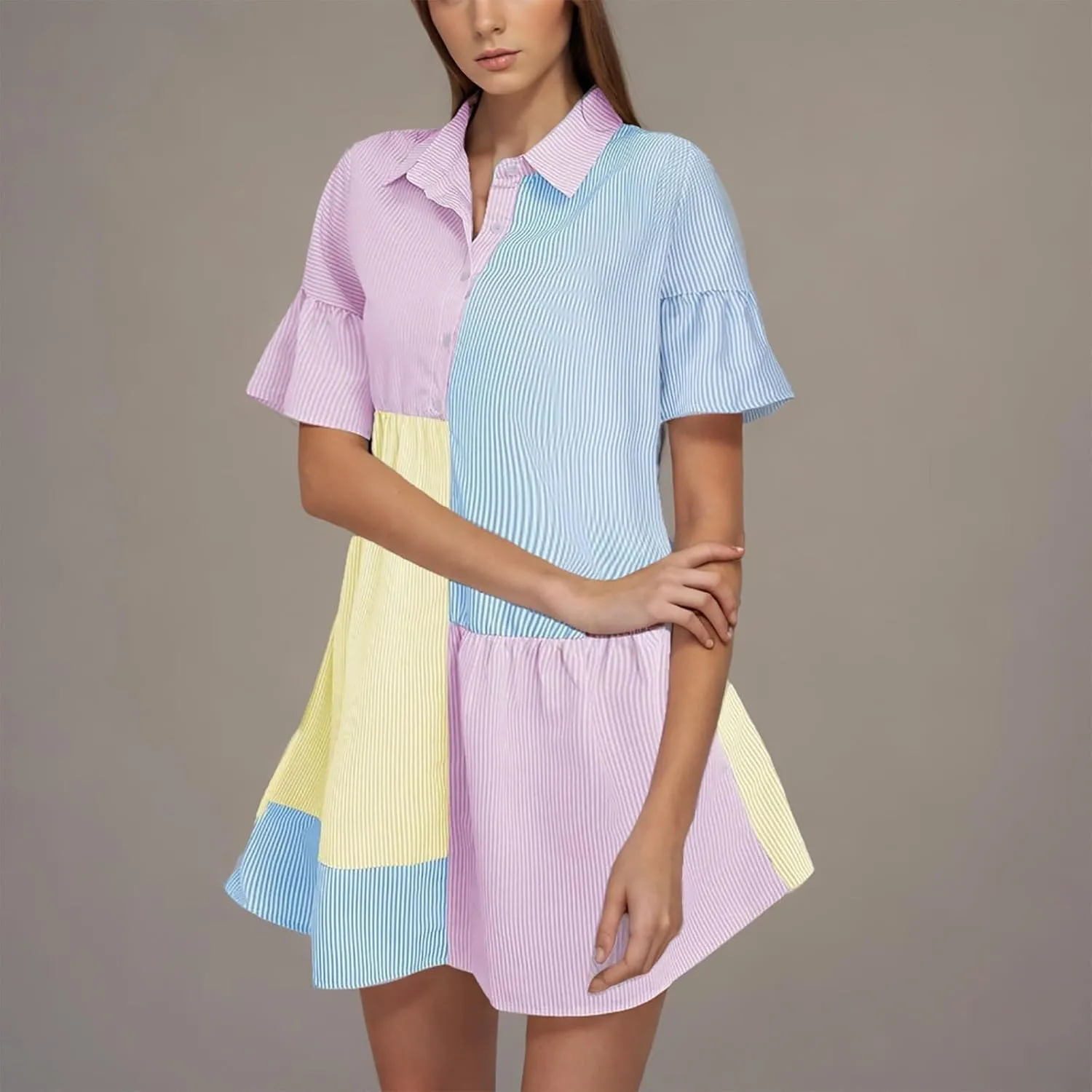 Women's Casual Striped Shirt Dress Collar V Neck Button Down Loose Ruffle Sleeve Summer Mini Dresses Patchwork Dress
