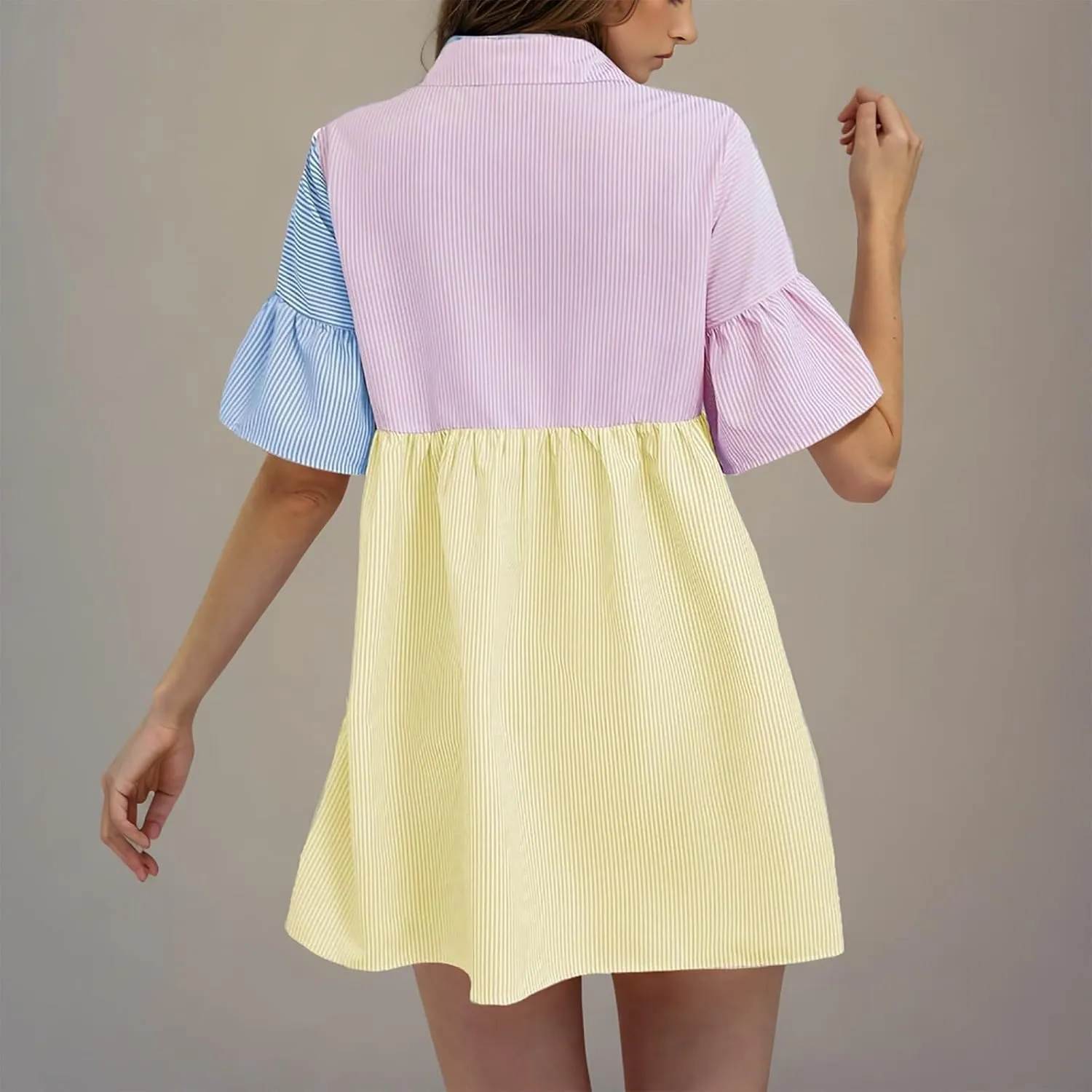 Women's Casual Striped Shirt Dress Collar V Neck Button Down Loose Ruffle Sleeve Summer Mini Dresses Patchwork Dress