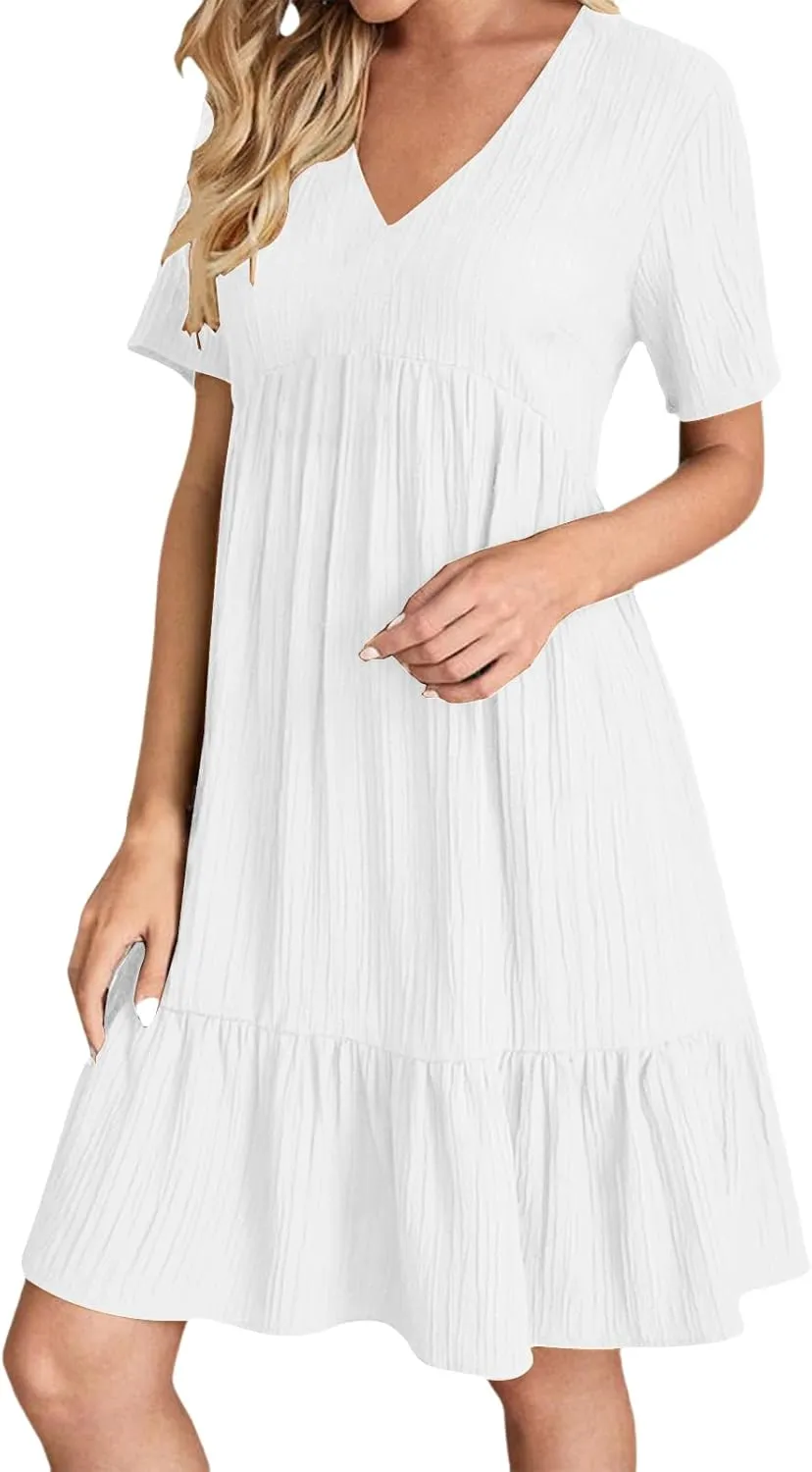 Womens Casual Summer Dresses Flowy Sleeveless Midi Dress Beach Vacation Sundress Ruffle Swing Dress V Neck Comfy