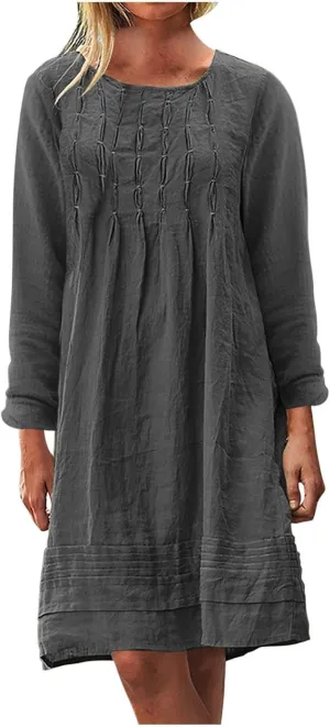 Womens Cotton Linen Dresses Spring Plain Long Sleeve Knee-Length Dress Boho Plus Size Ruched Loose Fit Midi Sundress