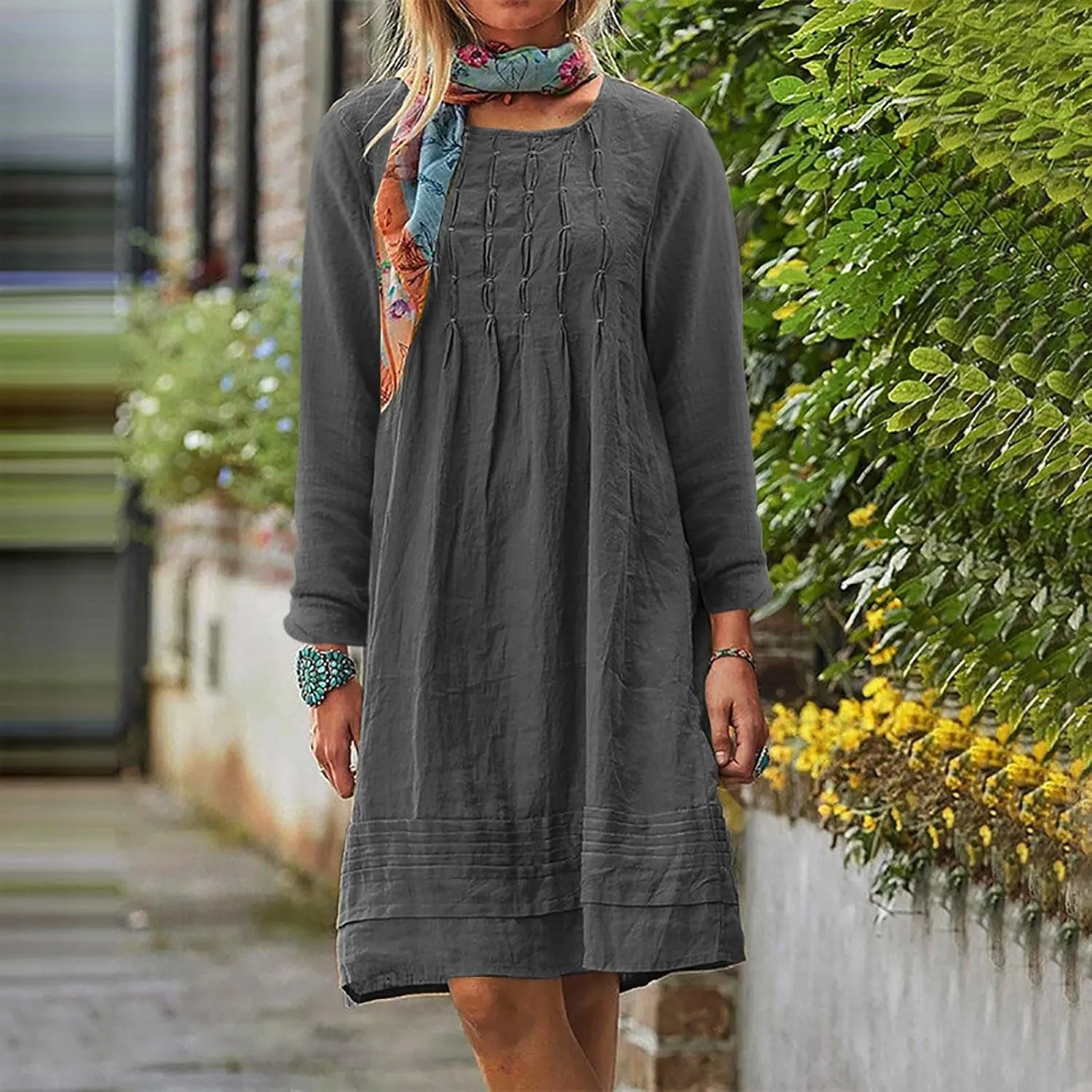 Womens Cotton Linen Dresses Spring Plain Long Sleeve Knee-Length Dress Boho Plus Size Ruched Loose Fit Midi Sundress