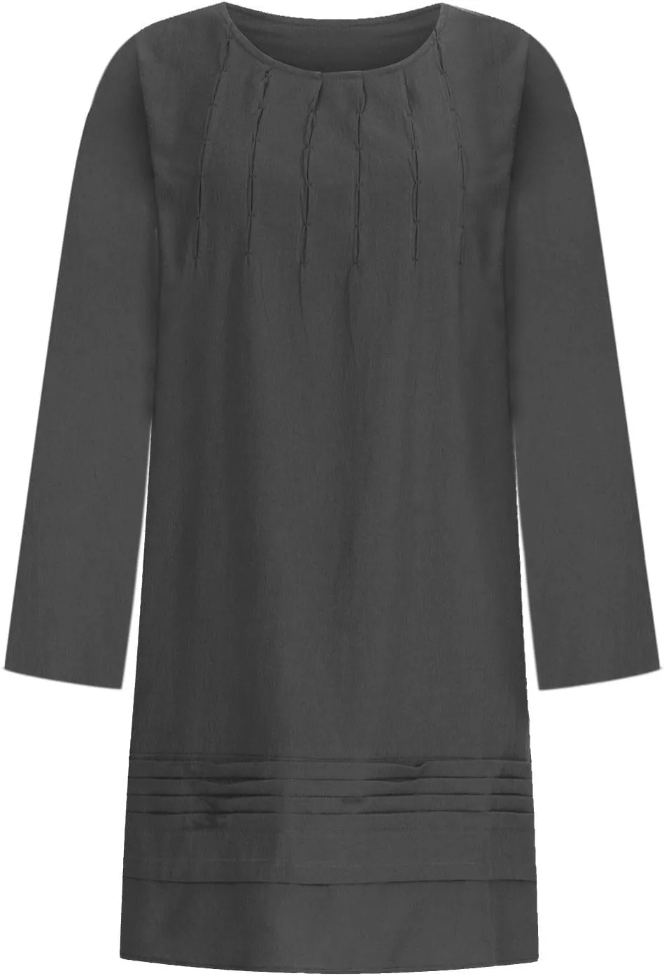 Womens Cotton Linen Dresses Spring Plain Long Sleeve Knee-Length Dress Boho Plus Size Ruched Loose Fit Midi Sundress