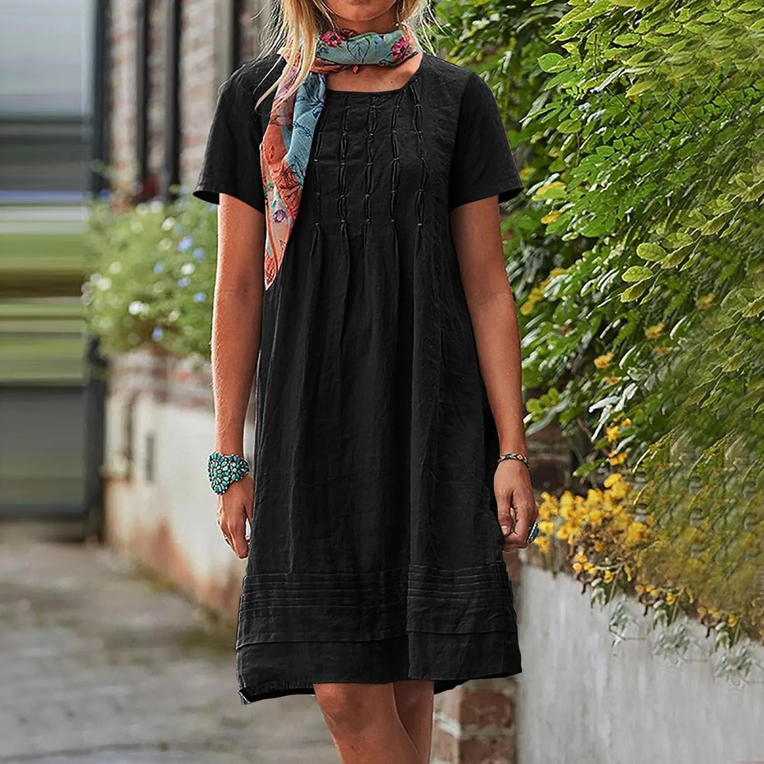 Women's Cotton Linen Midi Dress Plus Size Cap Sleeve Pleated Summer Dresses Vacation 2025 Crew Neck Casual Sundress