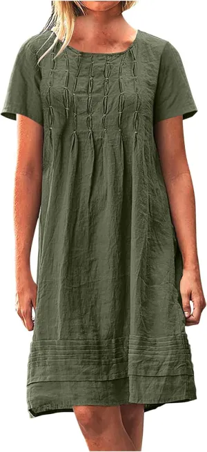 Women's Cotton Linen Midi Dress Plus Size Cap Sleeve Pleated Summer Dresses Vacation 2025 Crew Neck Casual Sundress