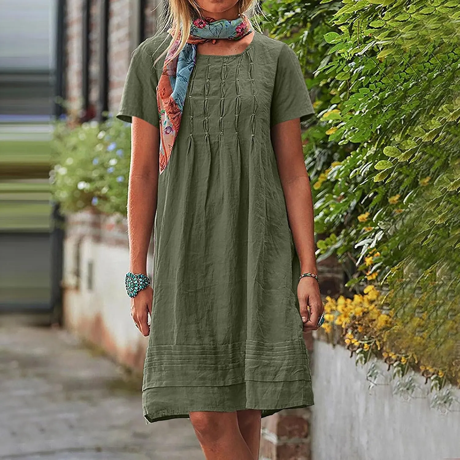 Women's Cotton Linen Midi Dress Plus Size Cap Sleeve Pleated Summer Dresses Vacation 2025 Crew Neck Casual Sundress