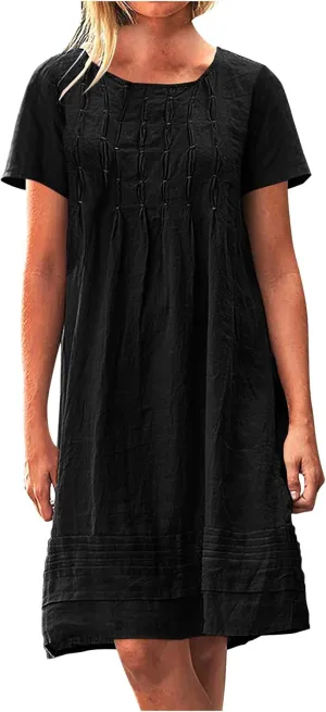 Women's Cotton Linen Midi Dress Plus Size Cap Sleeve Pleated Summer Dresses Vacation 2025 Crew Neck Casual Sundress