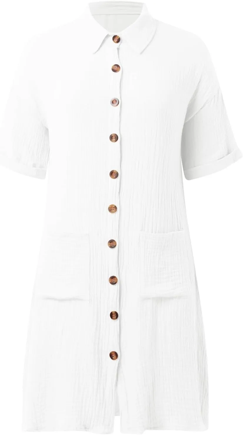 Womens Cotton Linen Shirt Dresses 2025 Summer Short Sleeve Button Down Tshirt Dress Vacation Beach Midi Dress Pockets