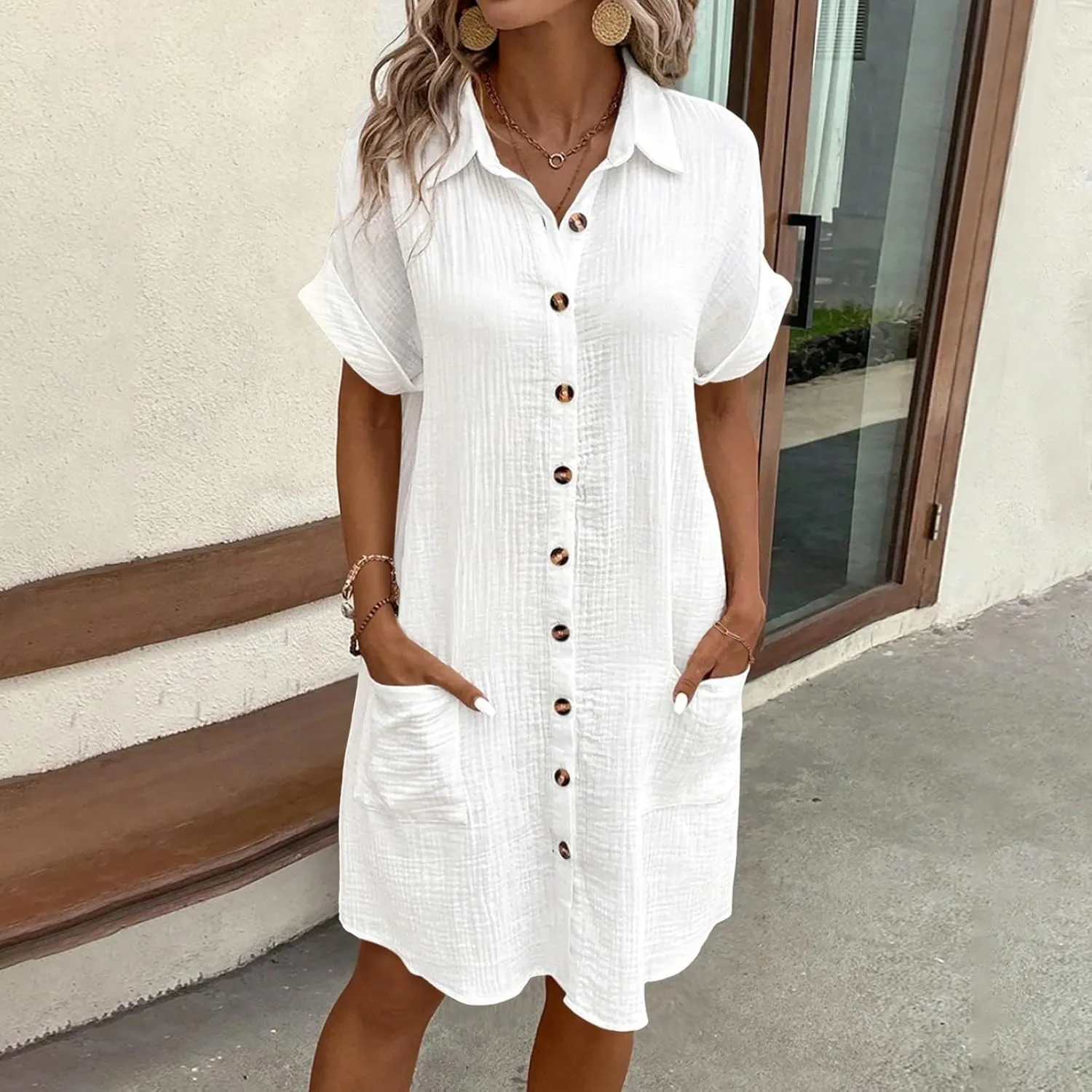 Womens Cotton Linen Shirt Dresses 2025 Summer Short Sleeve Button Down Tshirt Dress Vacation Beach Midi Dress Pockets