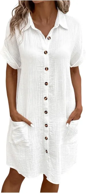 Womens Cotton Linen Shirt Dresses 2025 Summer Short Sleeve Button Down Tshirt Dress Vacation Beach Midi Dress Pockets