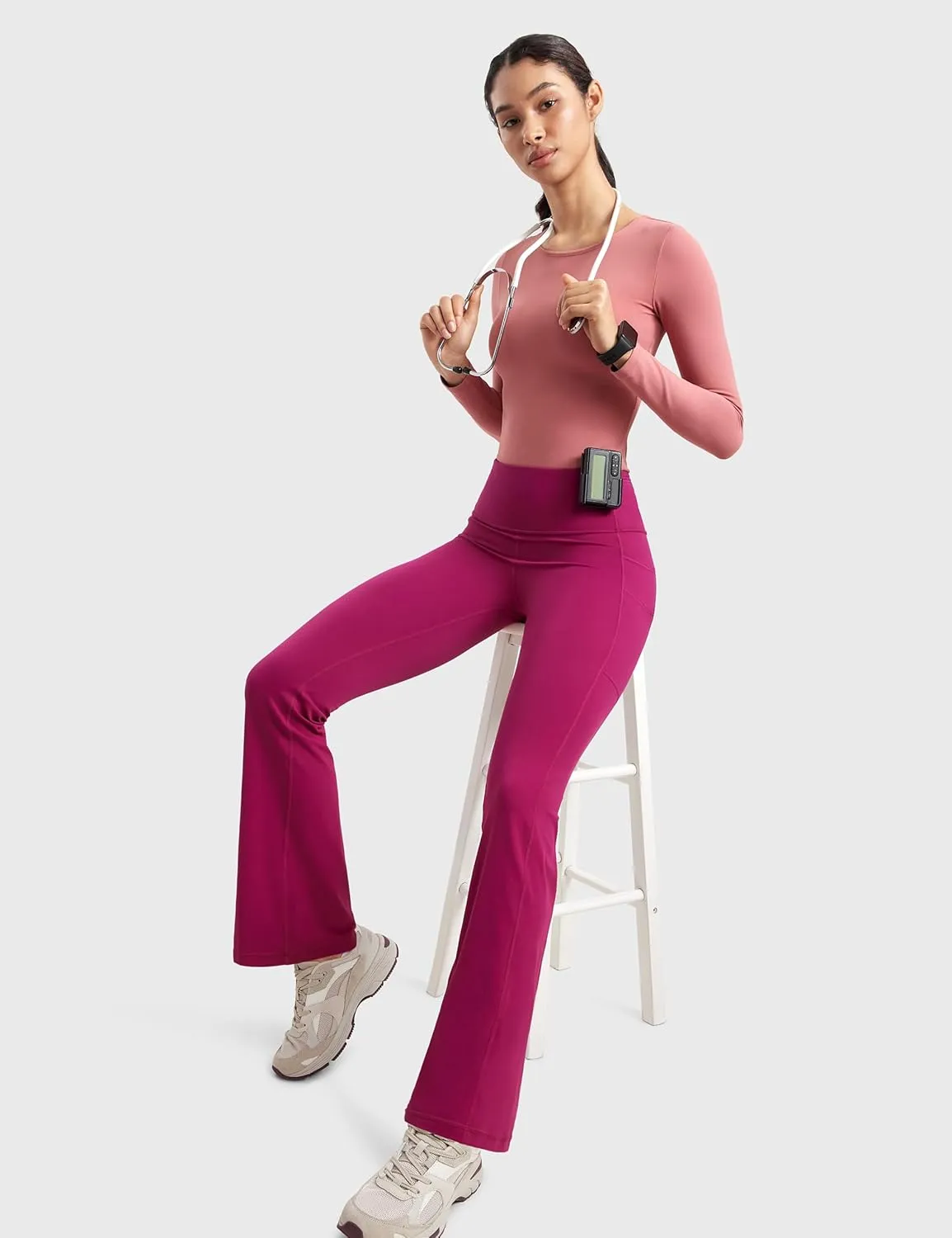 Womens High Waisted Medical Flare Scrub Pants 31" - 7 Pockets Wide Leg Bootcut Yoga Scrub Leggings Work Pants