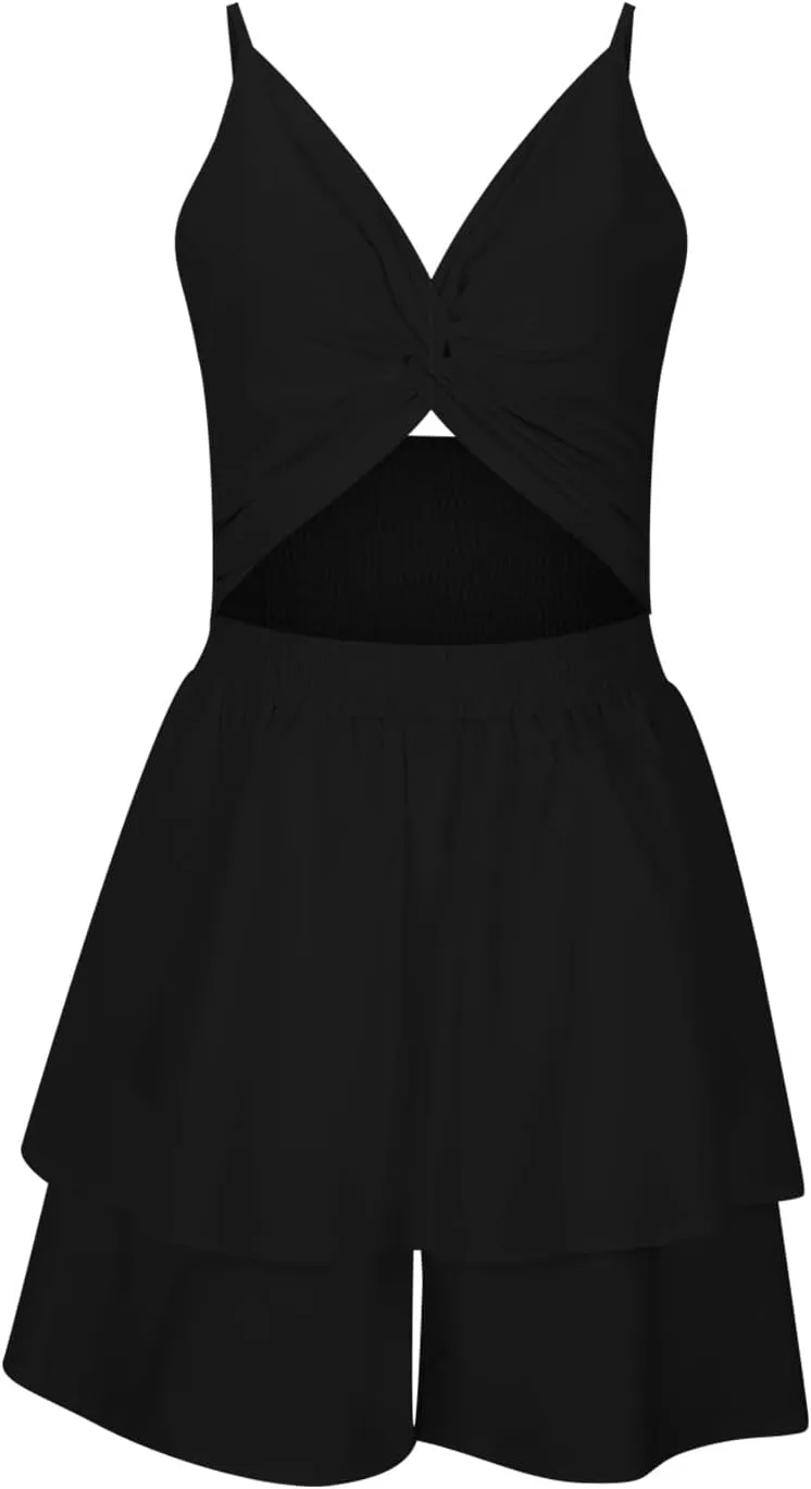 Women's Jumpsuit Sexy Neck Spaghetti Straps Double Layer Ruffle Hem Mini Short Romper Womens Summer Dresses with