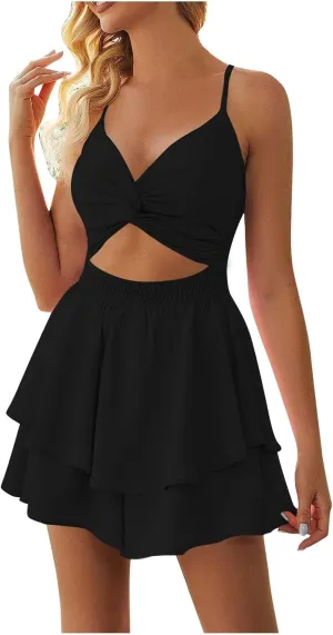 Women's Jumpsuit Sexy Neck Spaghetti Straps Double Layer Ruffle Hem Mini Short Romper Womens Summer Dresses with