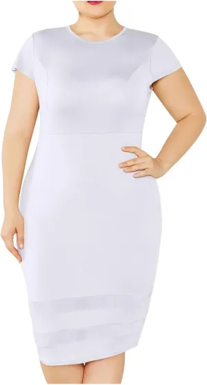 Women's Plus Size Pencil Midi Dress, Short Sleeve Crewneck Slim Fit Cocktail Party Dresses Solid Comfy Trendy Clothes
