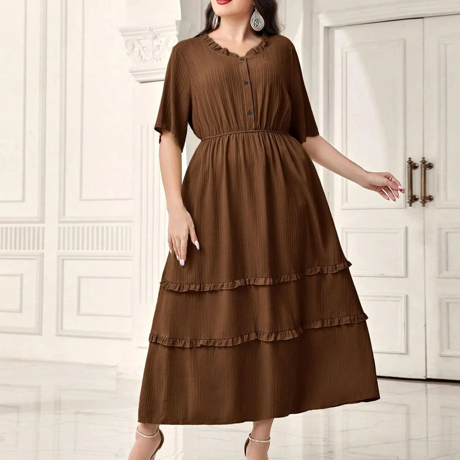 Women's Plus Size Short Sleeve Dress Round Neck Ruffle Hem Flowy A-Line Dresses Casual Beach Button Down Midi Dress