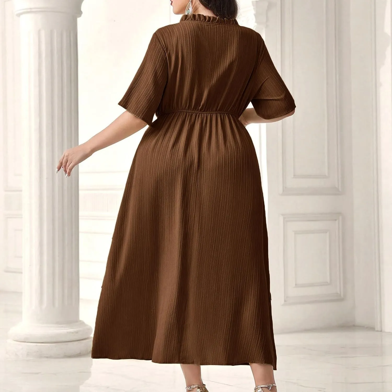 Women's Plus Size Short Sleeve Dress Round Neck Ruffle Hem Flowy A-Line Dresses Casual Beach Button Down Midi Dress