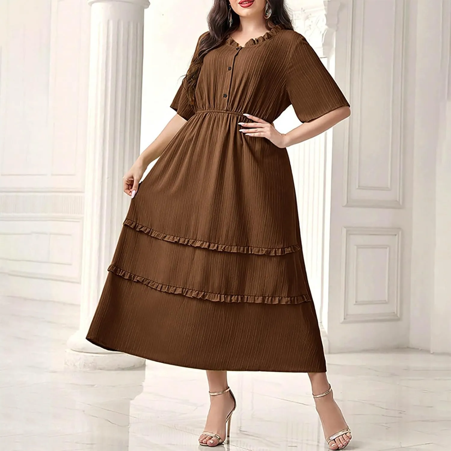 Women's Plus Size Short Sleeve Dress Round Neck Ruffle Hem Flowy A-Line Dresses Casual Beach Button Down Midi Dress