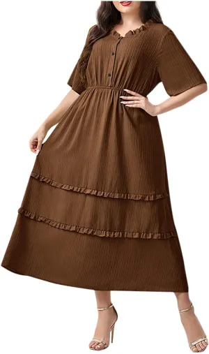 Women's Plus Size Short Sleeve Dress Round Neck Ruffle Hem Flowy A-Line Dresses Casual Beach Button Down Midi Dress