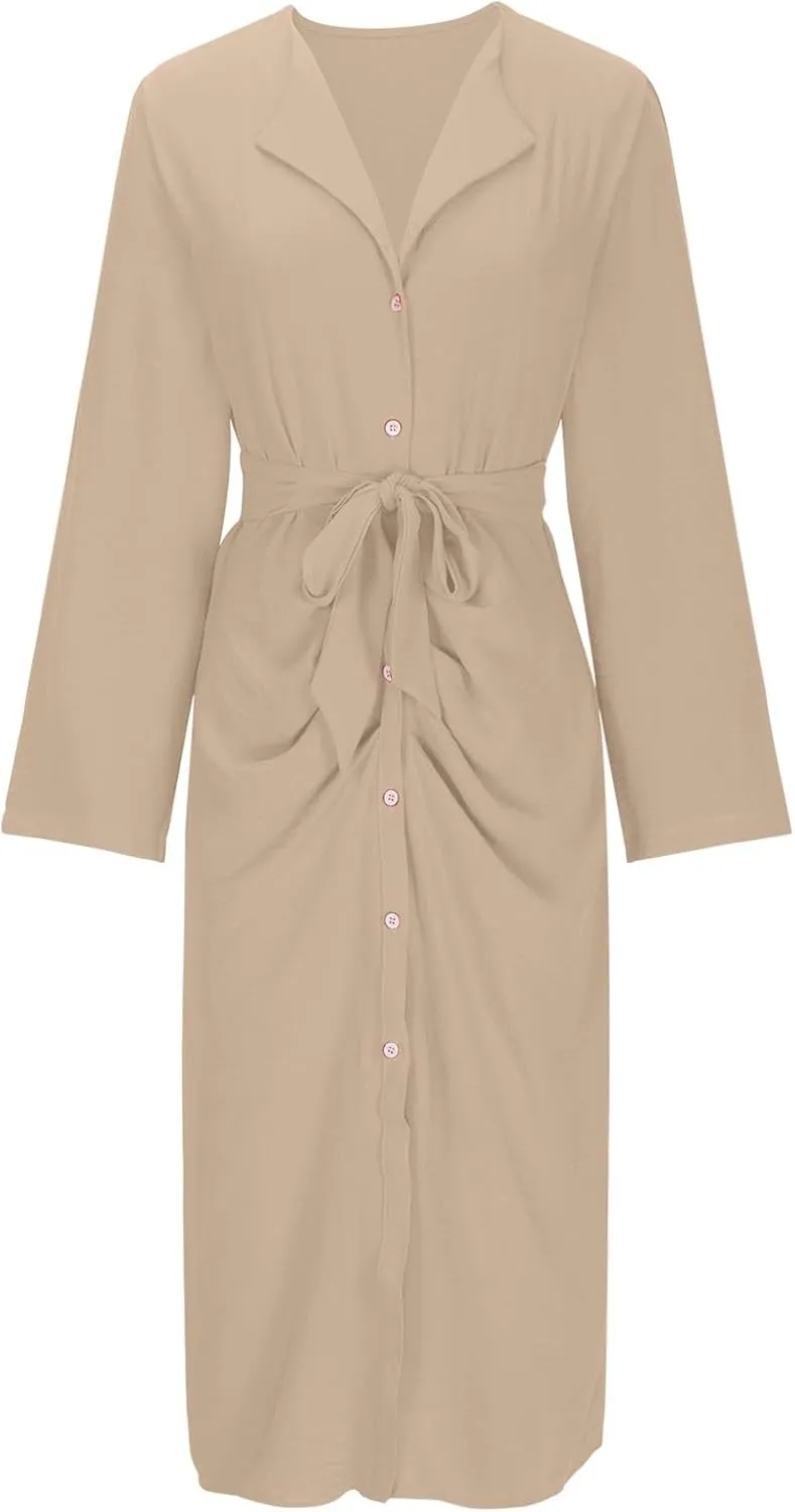 Women's Roll Up Long Sleeve Button Down Shirt Dress Casual Loose Front Split Work Business Dressy Midi Dresses with Belt