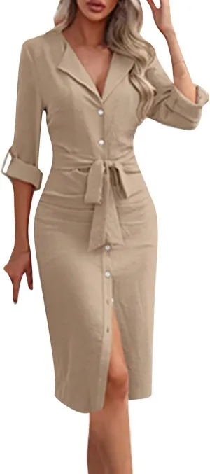 Women's Roll Up Long Sleeve Button Down Shirt Dress Casual Loose Front Split Work Business Dressy Midi Dresses with Belt