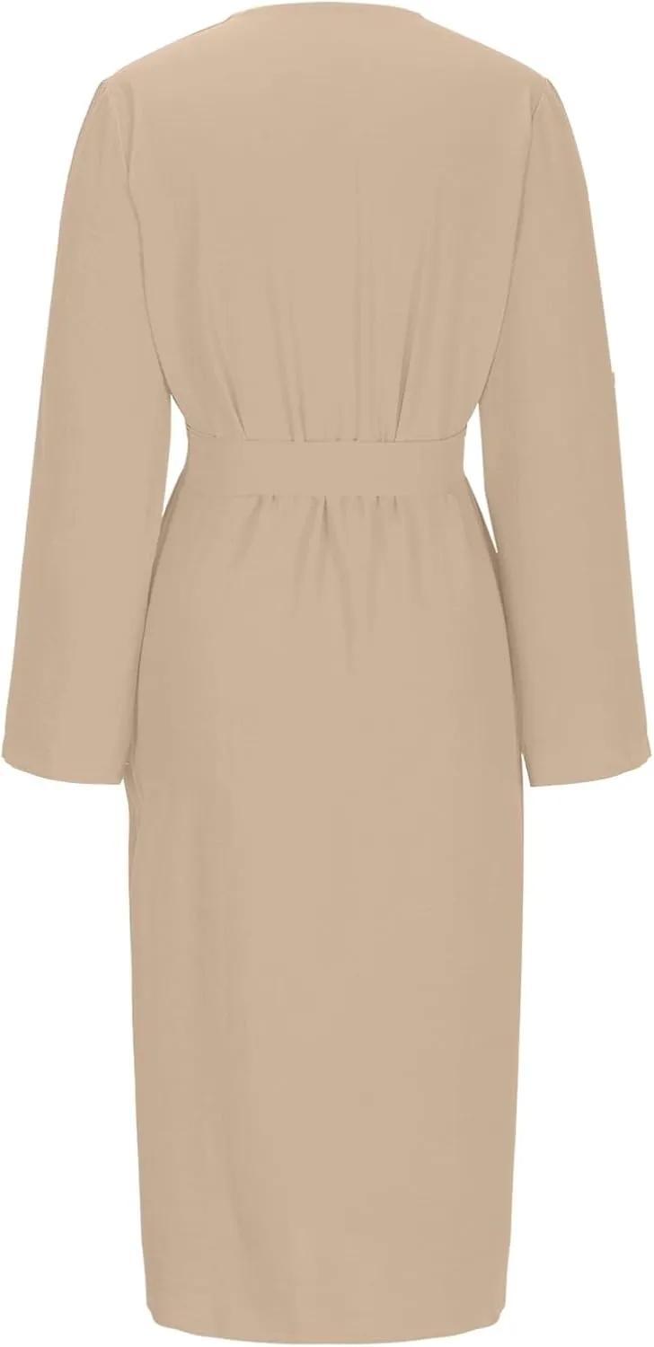 Women's Roll Up Long Sleeve Button Down Shirt Dress Casual Loose Front Split Work Business Dressy Midi Dresses with Belt