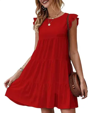 Women's Ruffles Boho Floral Printed Summer Dresses Loose Swing Casual Short Mini T-Shirt Dress