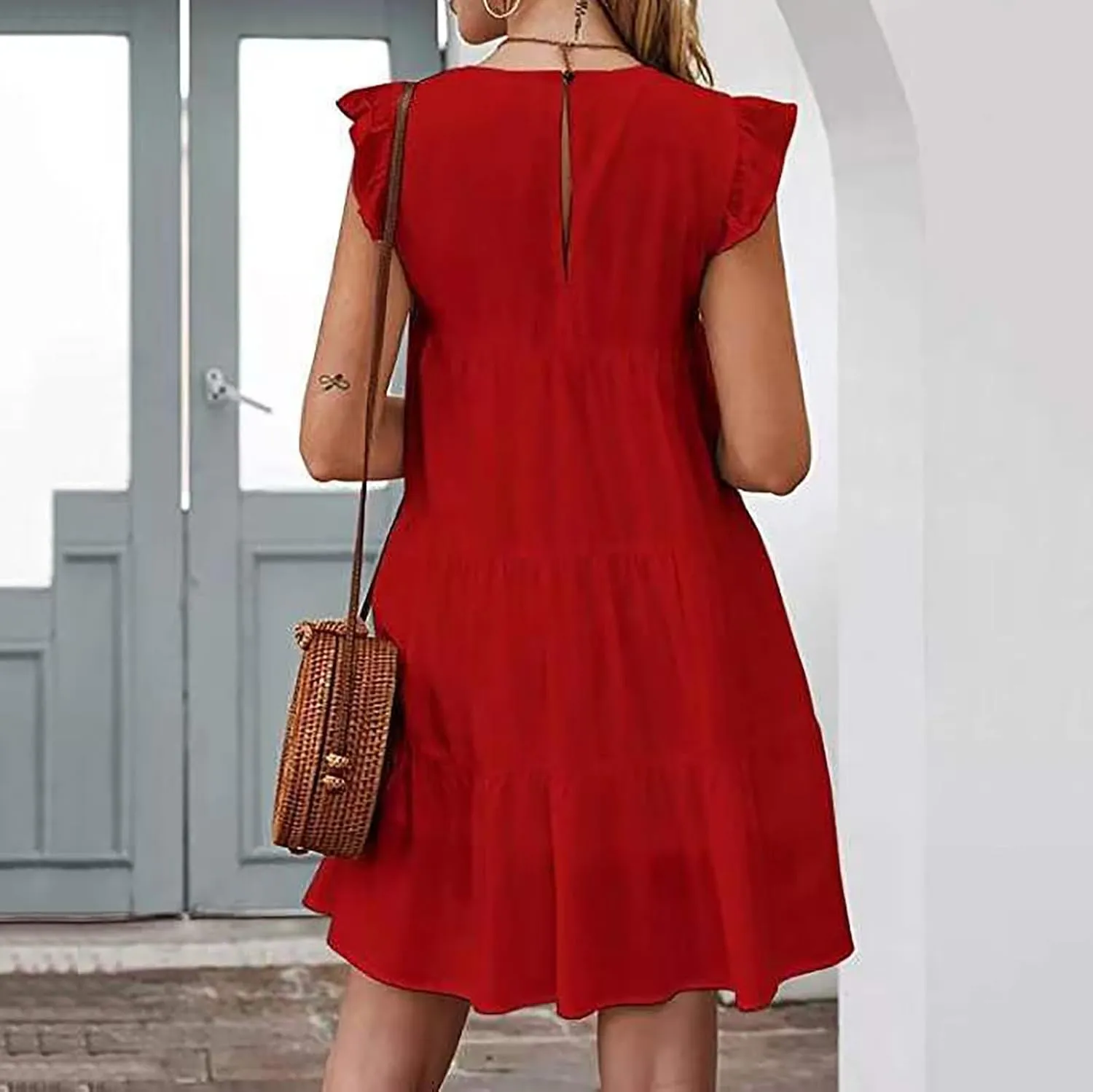 Women's Ruffles Boho Floral Printed Summer Dresses Loose Swing Casual Short Mini T-Shirt Dress