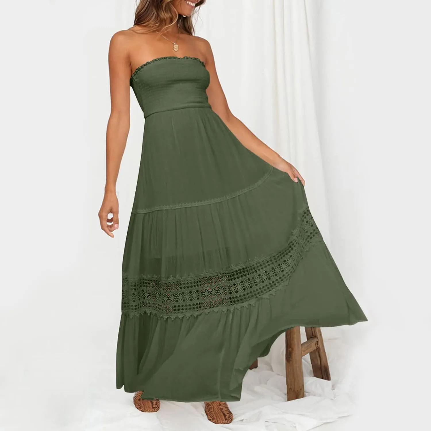 Women's Summer Boho Off Shoulder Sleeveless Bandeua Casual Long Dress Flowy Beach Swing Party Maxi Dress